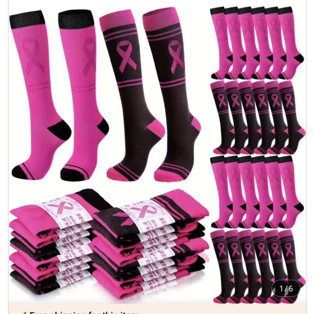 2 Pair Socks Athletic Compression Knee High Pink Ribbon Cancer Awareness Sock